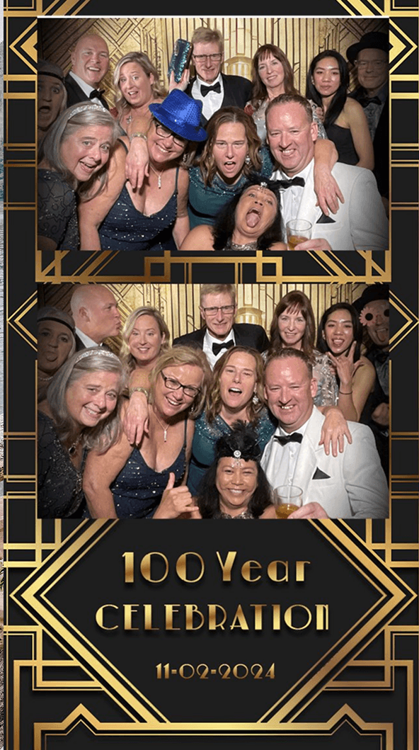 A photo strip of a lot of happy people